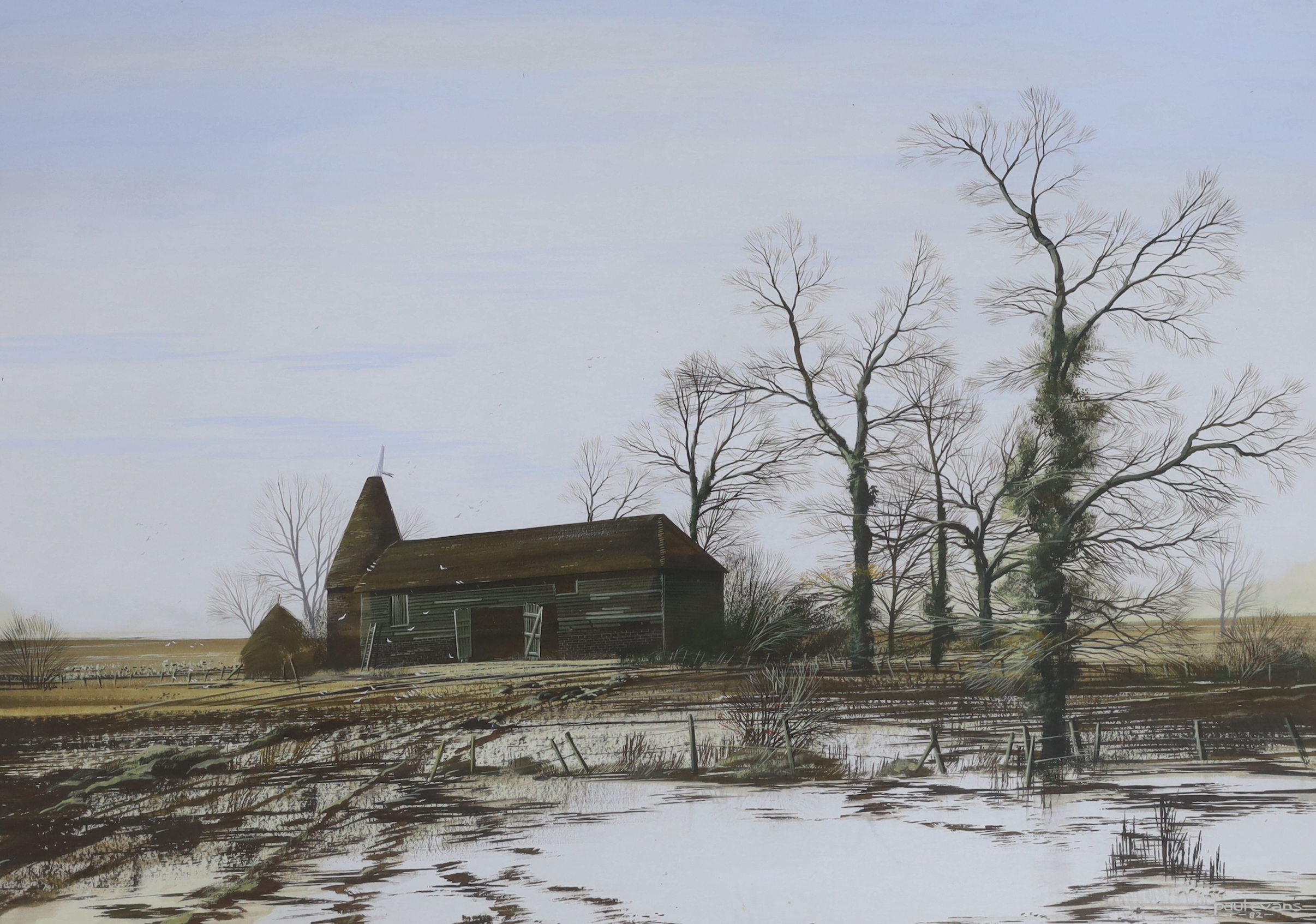 Paul Evans (b. 1950) gouache, Oast house in winter landscape, signed and dated 1982, 49cm x 35cm